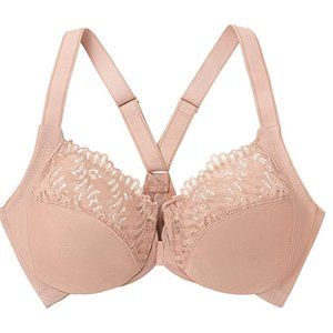 Glamorise Women’s Full Figure Plus Size Front Close Lace T-Back Bra, Beige 48C